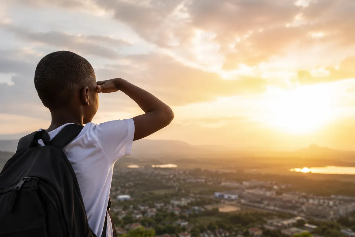 A boy looking out toward the horizon at sunset, symbolising the future DLT Foundation works toward